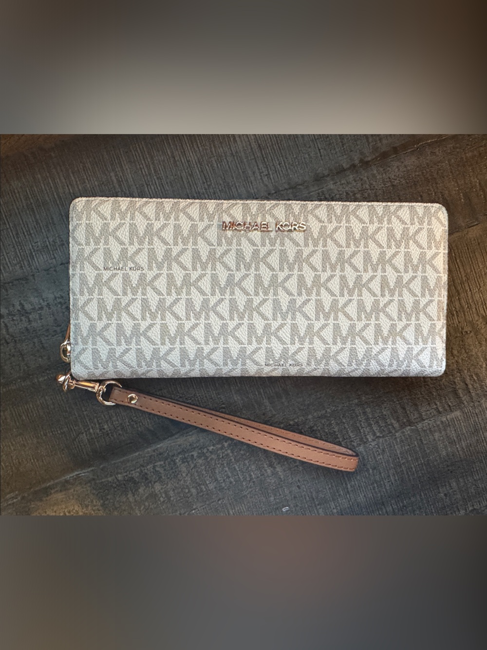Michael Kors Cream Logo Print Wristlet with Tan Strap